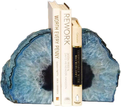 JIC Gem Dyed Blue Agate Bookends Geode Decorative Book Ends for Heavy Books with Rubber Bumpers for Office and Home Decoration Polished Small Size 2 to 3 Lbs