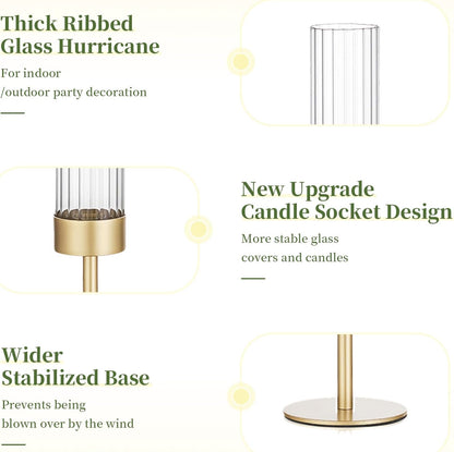 Gold Hurricane Taper Candle Holders: Glasseam 3Pcs Brass Candlestick Holders with Ribbed Glass Cylinder Cover Fluted Tall Candle Sticks Holder Decor for Table Centerpiece Wedding Christmas Decorations