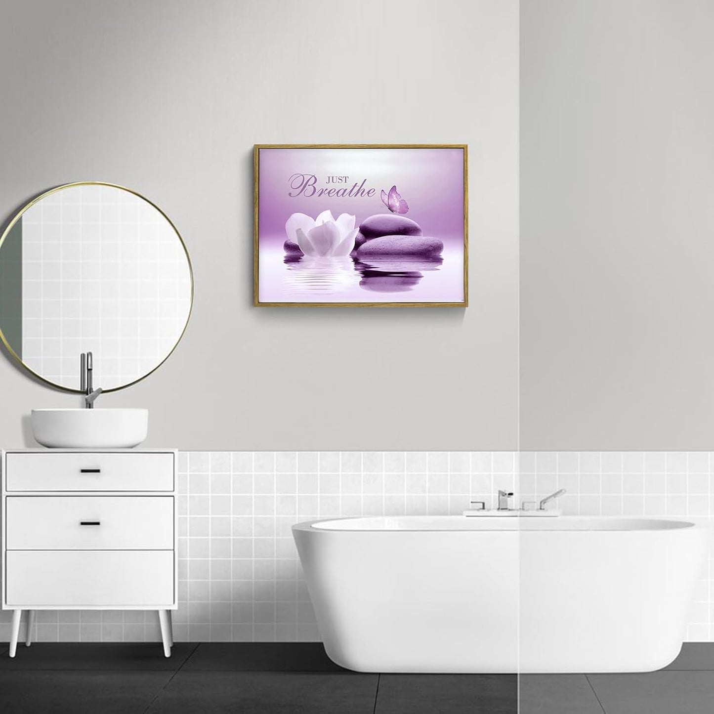 EOBTAIN Zen Flower Canvas Wall Art Bathroom Butterfly and Water Lily Stone Relaxing Spiritual Yoga Framed Wall Art Just Breathe Pictures Canvas Wall Decor for Living Room Bedroom,12x16 Inches