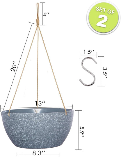 SwinDuck 13 Inch 2 Pack Large Hanging Planters for Indoor Outdoor Plants, Plastic Hanging Basket Pots for House Plants Flowers, White