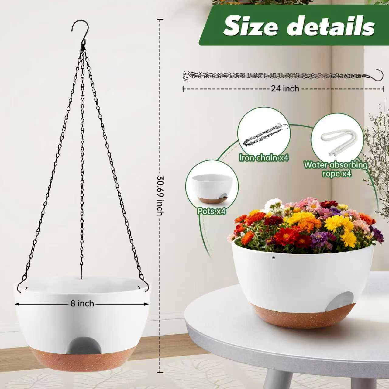 3-Piece Set of 10-Inch Hanging Planters with Automatic Watering System and Drip Tray, Includes Metal Chain, Suitable for Various Indoor and Outdoor Plants and Flowers, Green Brown
