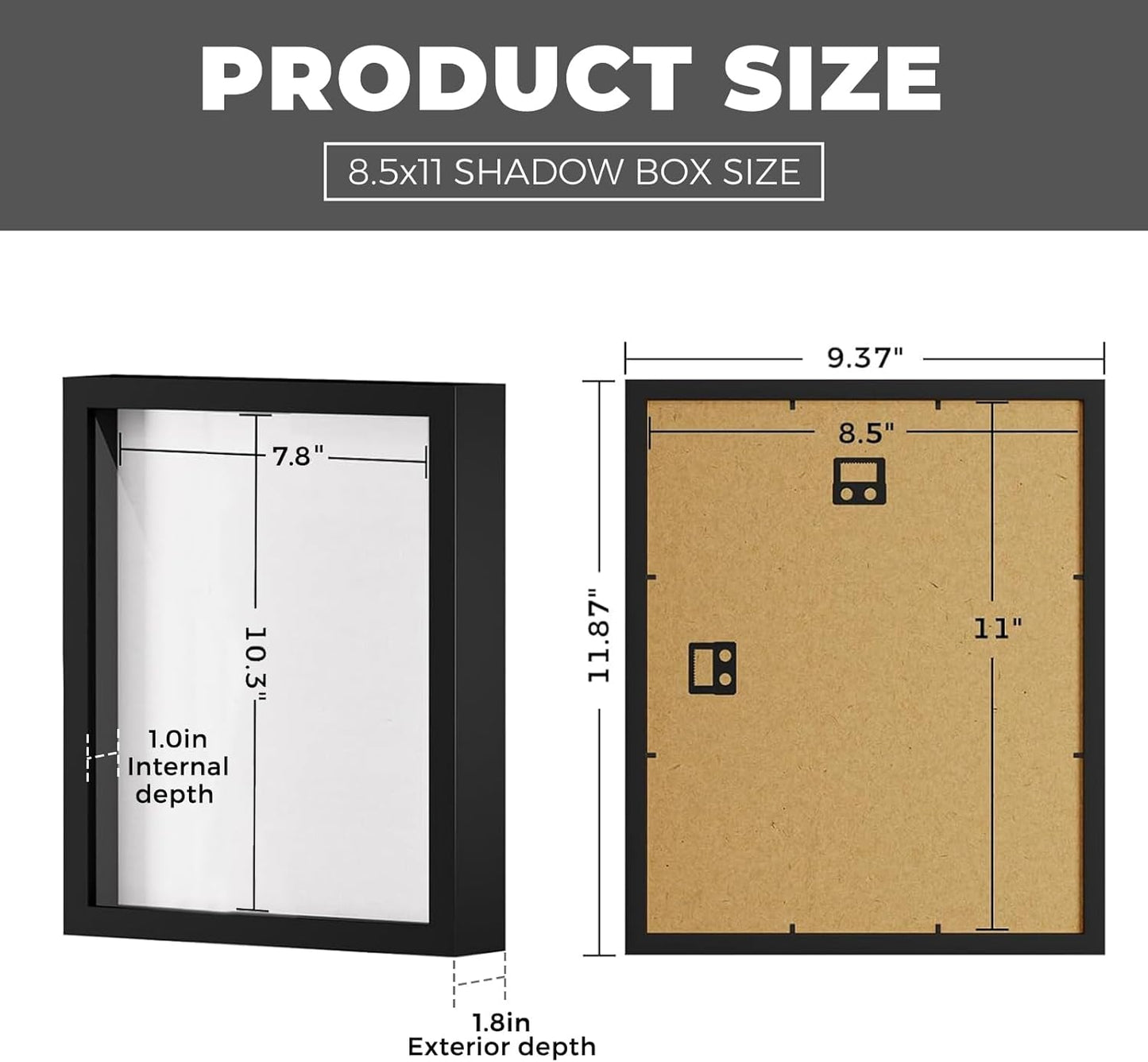 Muzilife 8x8 Shadow Box Picture Frame with Linen Board - Deep Wood & Glass Display Case Ready to Hang Memory Box Baby Sports Memorabilia, Pins, Awards, Medals, Wedding, Tickets and Photos (Black)
