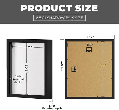 Muzilife 8x8 Shadow Box Picture Frame with Linen Board - Deep Wood & Glass Display Case Ready to Hang Memory Box Baby Sports Memorabilia, Pins, Awards, Medals, Wedding, Tickets and Photos (Black)