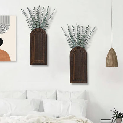 Dnnnii 2 Pack Wooden Wall Vase Set - Brown Finish Modern Farmhouse & Boho Wall Decor for Entryway, Hallway, Bathroom, Living Room, Dining Room, Narrow Spaces