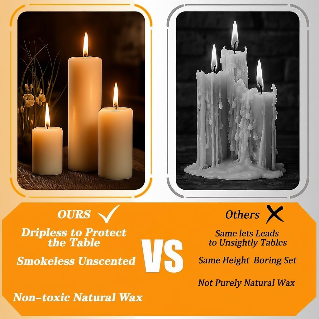18 Pcs Ivory Pillar Candles Bulk Set，3 Different Lengths 2 x 3/4/6 Inch (6 Each)，Hurricane Candles，Dripless Unscented Smokeless，Gives You a Better Atmosphere When Organizing an Event Party.