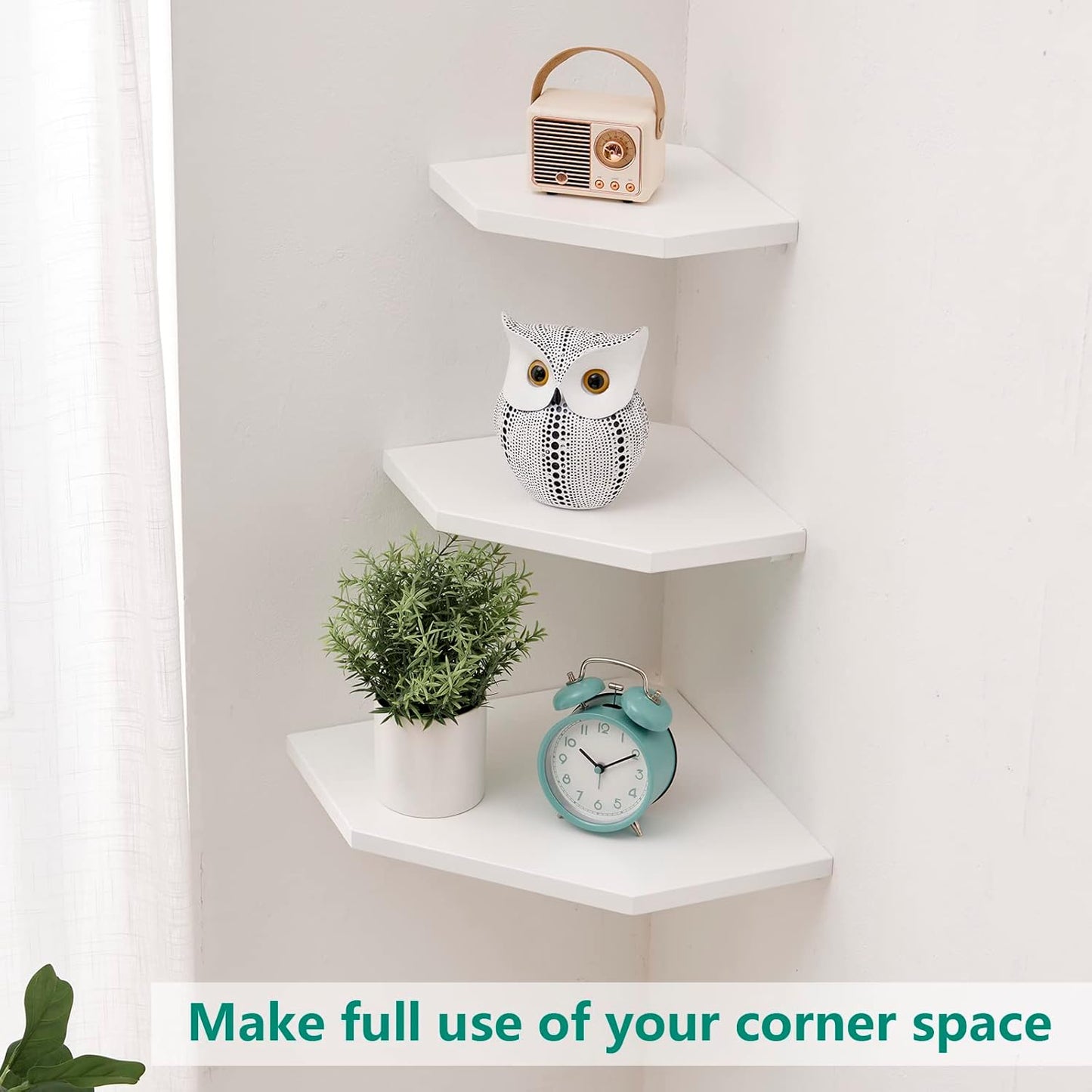 Corner Wall Shelves, Corner Floating Shelves Set of 2 Solid Oak Wood Display Shelf with Wire Hole Small Plant for Kitchen Living Room Natural