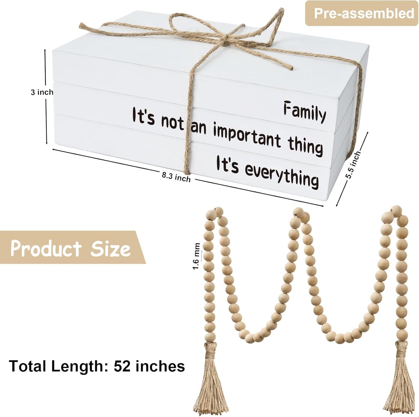 Decorative Books for Home Decor, White Faux Books for Decoration, Rustic Farmhouse Stacked Display Books with 52in Wood Bead Garland for Coffee Tables Living Room (TAKE TIME to DO)