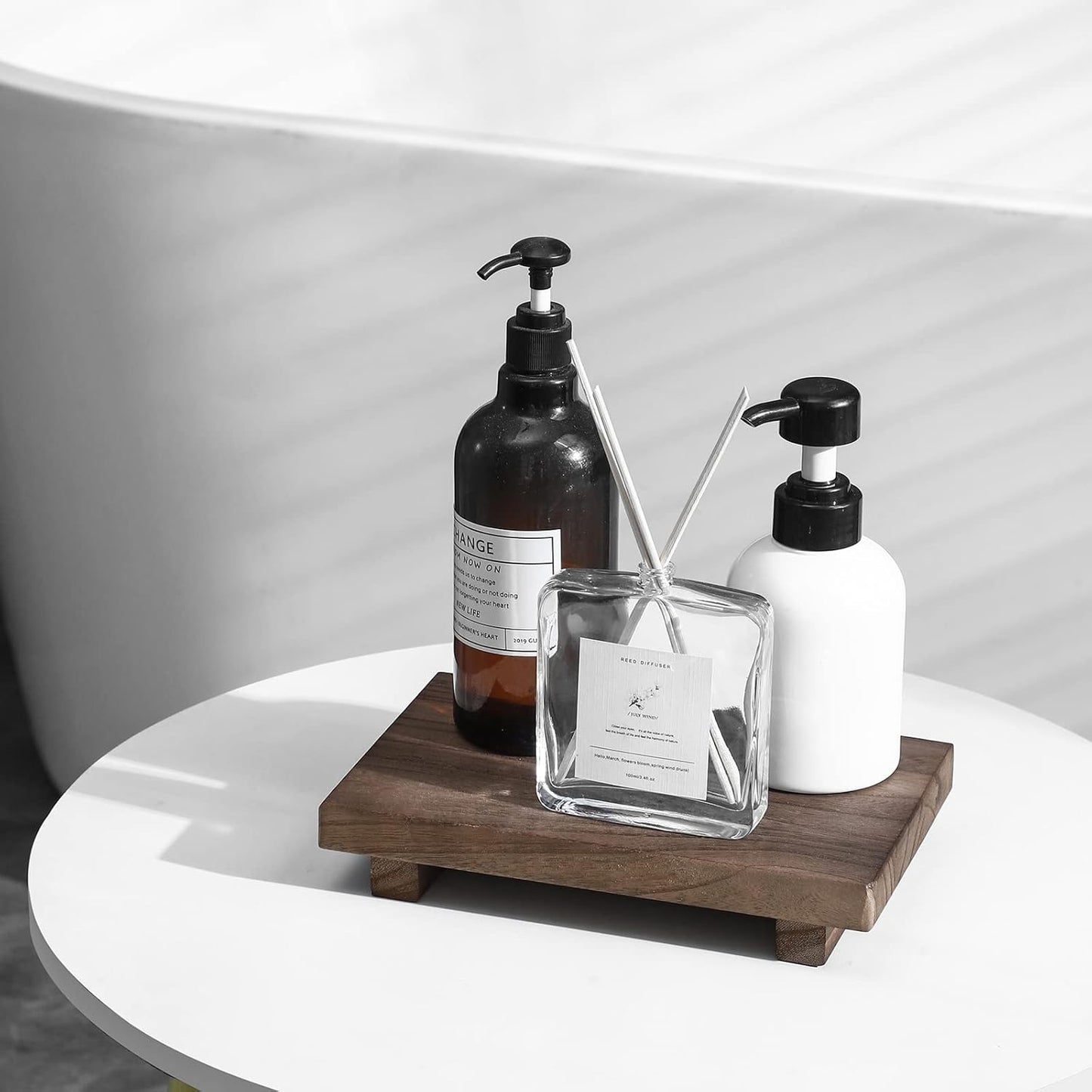 zoocatia Small Wood Tray Pedestal Stand Farmhouse Bathroom Decor Decorative Wooden Riser Kitchen Soap Dish Holder for Vanity, Counter, Sink, Brown