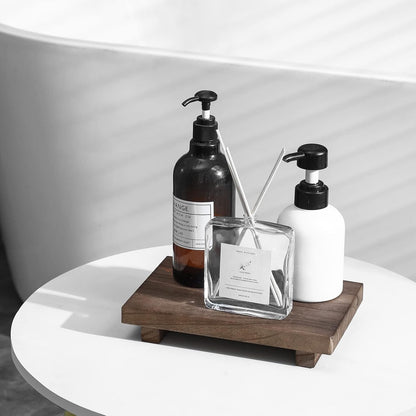 zoocatia Small Wood Tray Pedestal Stand Farmhouse Bathroom Decor Decorative Wooden Riser Kitchen Soap Dish Holder for Vanity, Counter, Sink, Brown