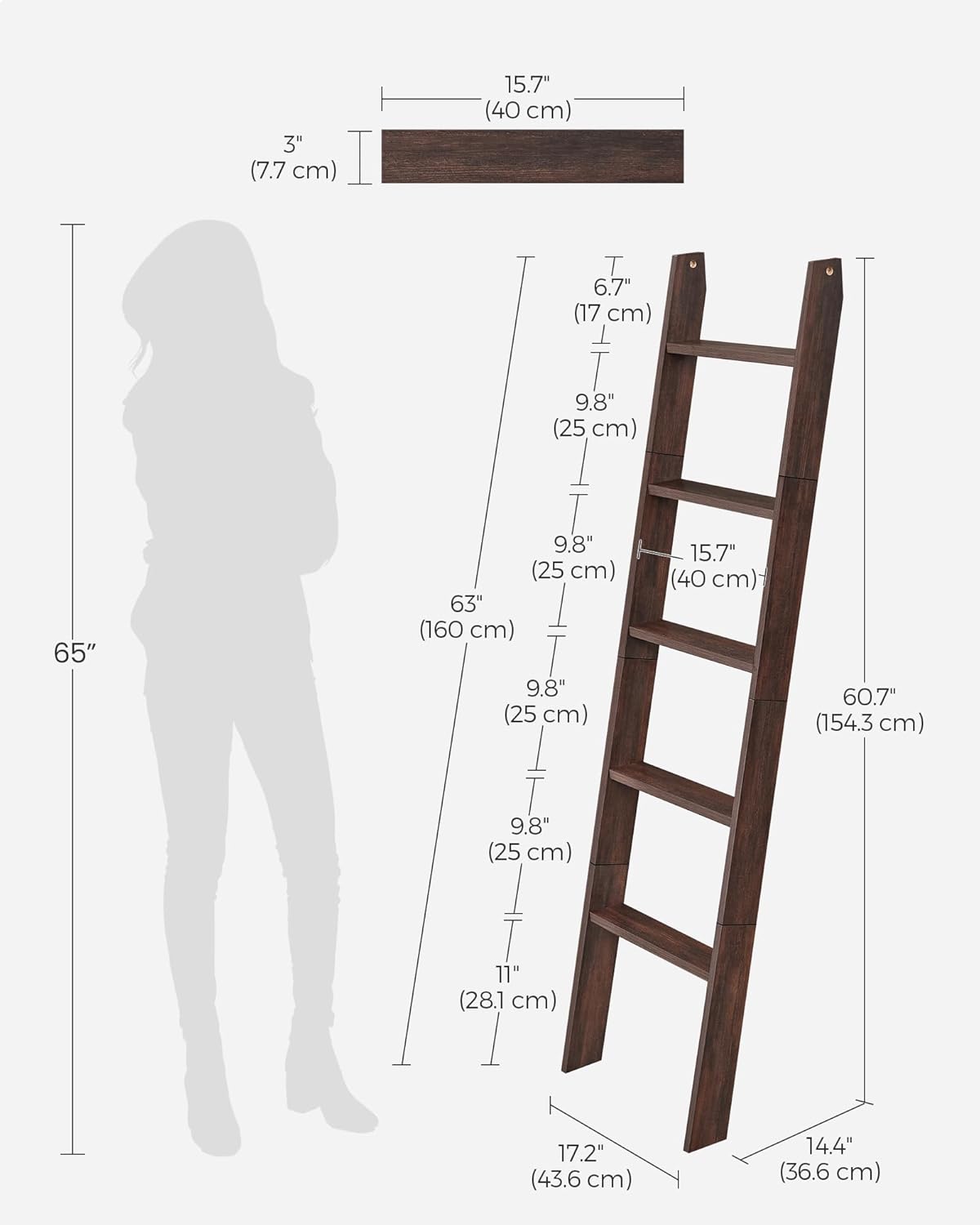 VASAGLE Blanket Ladder Decorative Farmhouse for The Living Room, 5-Tier Ladder Shelf, Ladder Rack for Storage and Decor, Honey Brown ULLS018K41