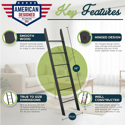 Blanket Ladder for Living Room and Bedroom, 5ft 8 inch, 6-Tier Wall Leaning Laminate Snag Free Construction (White) Rustic Decorative Farmhouse Blanket Storage, Quilt Rack, Ladder Shelf, Easy Assembly