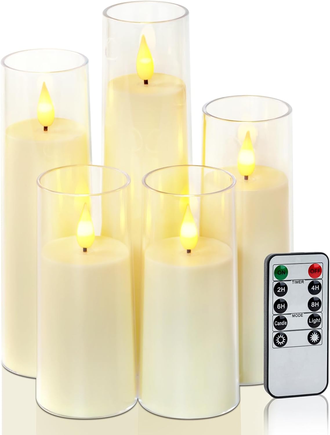 Amagic Pure White Flameless Candles, Battery Operated Candles, Acrylic Flickering LED Pillar Candles with Remote Control and Timer, 3D Wick, Yellow and Blue Glow, D2.2 xH5 5" 6" 7" 8", Set of 5