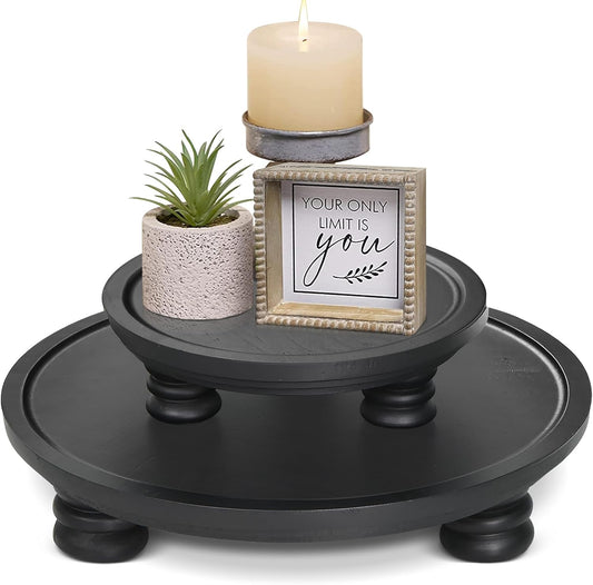 2 Pcs Wooden Risers for Display, Round Wood Tray Decor, Farmhouse Pedestal Stand for Indoor, Rustic Decorative Display Stand for Kitchen Counter Decor, Decorative Cake Holder Plate