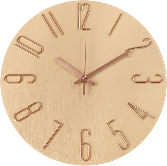 Wall Clock 12 Inch Silent Non-Ticking Imitation Wood Indoor Clock Round White Decor Clock Modern 3D Figures Quartz Wall Clocks for Home, Hotel, Office, School, Bedroom, Living Room, Kitchen