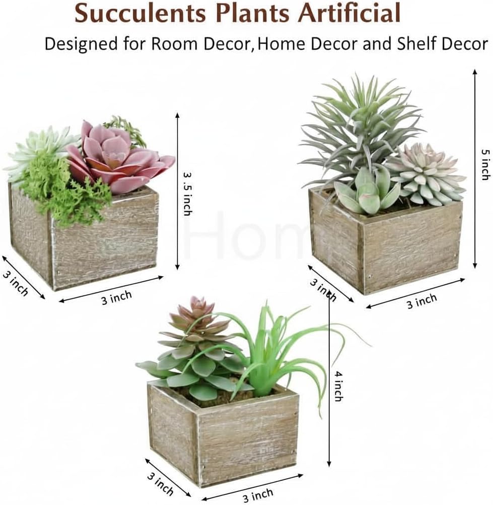 Succulent Plants Artificial, 3 Pack Small Fake Plants in Wood Pot for Home Decor, Farmhouse Artificial Plants Indoor for Living Room Bathroom Bedroom Office Kitchen Desk Wedding Coffee Table Decor