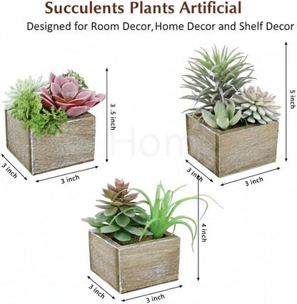 Succulent Plants Artificial, 3 Pack Small Fake Plants in Wood Pot for Home Decor, Farmhouse Artificial Plants Indoor for Living Room Bathroom Bedroom Office Kitchen Desk Wedding Coffee Table Decor