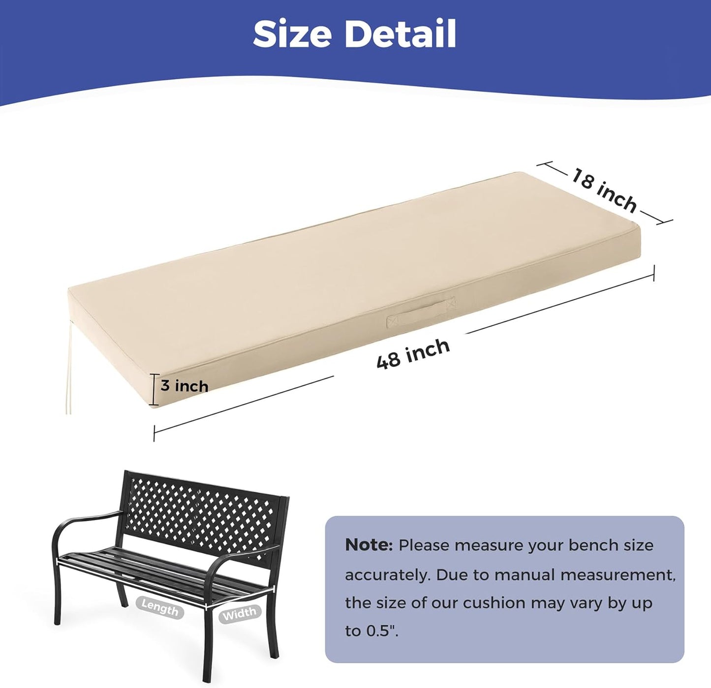 IPYNBAP Outdoor Bench Cushions for Outdoor Furniture, 48x18x3 Inch, Waterproof Bench Pillow, Fade Resistant Long Bench Seat Pads for Garden, Indoor, Porch Swing, Navy Blue