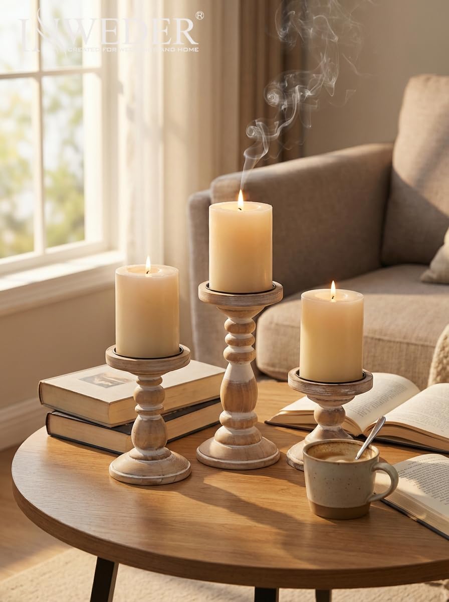 Wood Pillar Candle Holder: 3Pcs Rustic White Candle Holders for Pillar Candles Wood Candle Holders Distressed Wooden Farmhouse Candle Holder Large Rustic Candle Holder for Fireplace Table