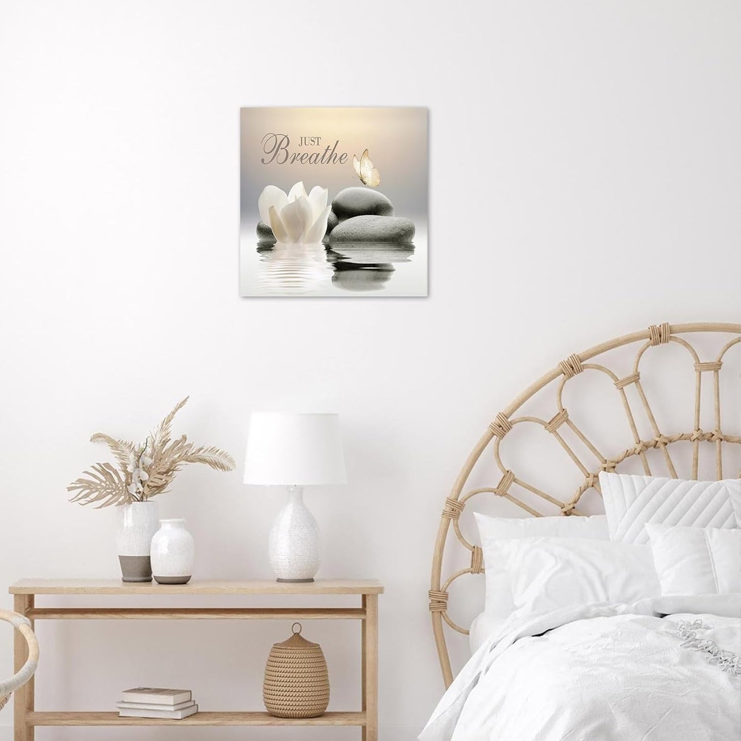 EOBTAIN Zen Flower Canvas Wall Art Bathroom Butterfly and Water Lily Stone Relaxing Spiritual Yoga Framed Wall Art Just Breathe Pictures Canvas Wall Decor for Living Room Bedroom,12x16 Inches