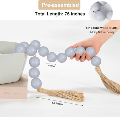 OMISHE Extra Large Wood Bead Garland with 1.6" Diameter Wooden Beads and Tassels, 41" Long Rustic Farmhouse Country Decorative Beads for Home Tiered Tray Decor, Natural Beige