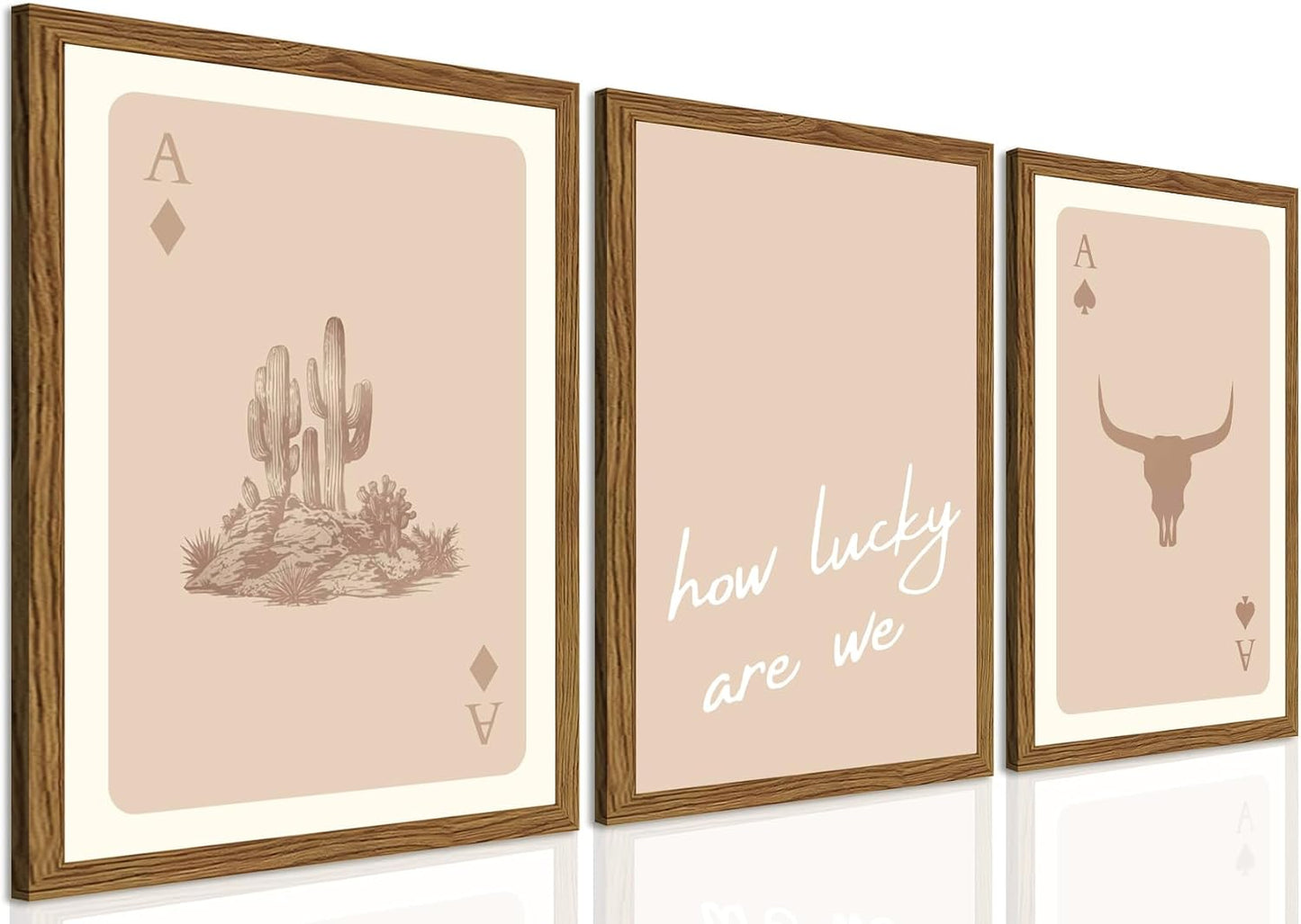 Western Wall Art Set of 3, Southwestern Cowboy Playing Card Wall Decor, Longhorn Bull Skull and How Lucky are We Poster Canvas Painting Prints for Bedroom Living Room 12x16 inch Wood Framed