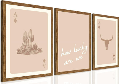 Western Wall Art Set of 3, Southwestern Cowboy Playing Card Wall Decor, Longhorn Bull Skull and How Lucky are We Poster Canvas Painting Prints for Bedroom Living Room 12x16 inch Wood Framed