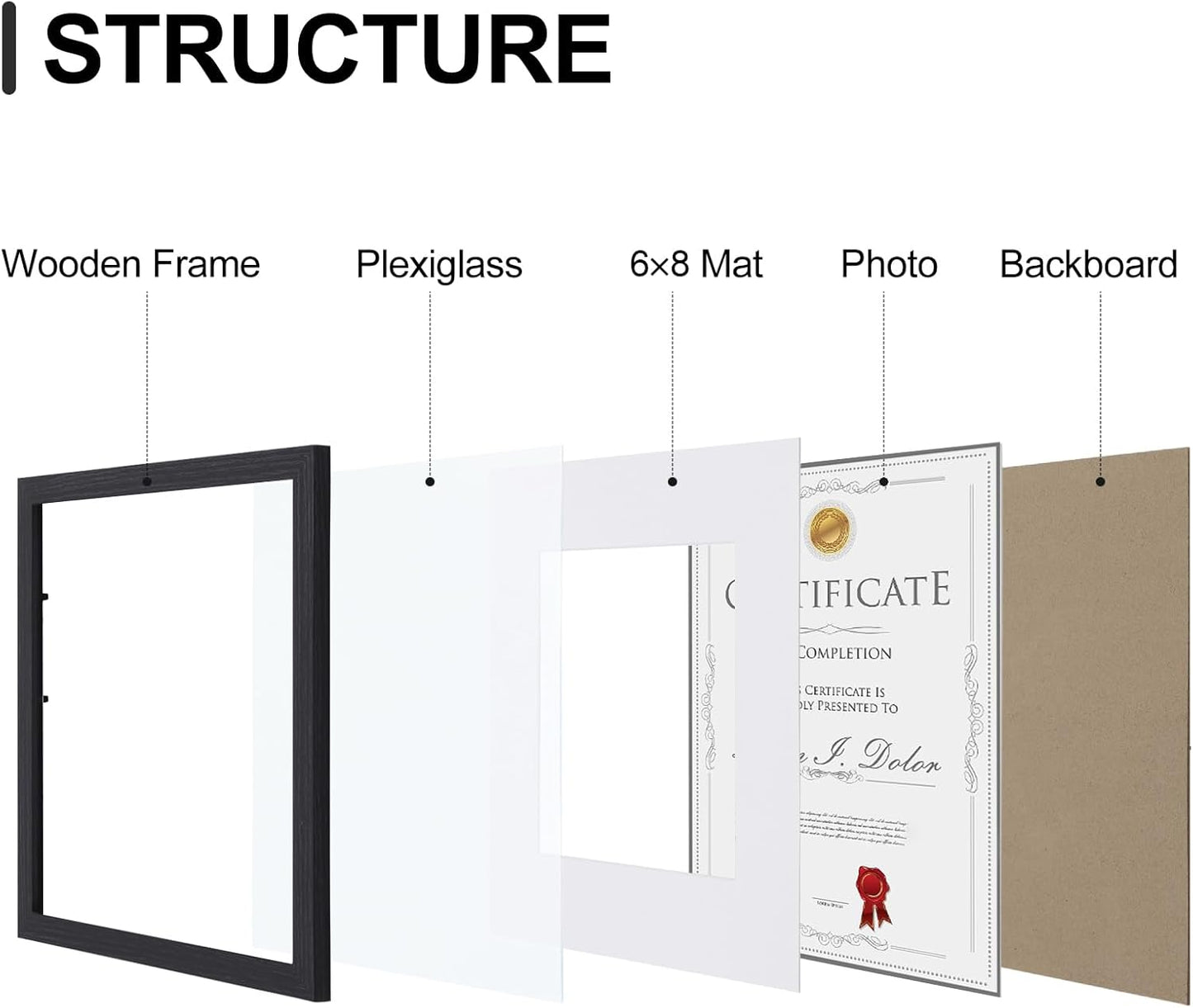 Vittanly 8x10 Picture Frames Set of 9, Shatter Resistant Plexiglass, Display 5x7 Pictures with Mat or 8x10 without Mat, Photo Frames for Wall or Tabletop, Engineered Wood, Black - Colors A