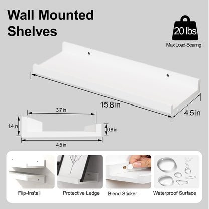White Floating Shelves for Wall Decor, Wall Mounted Wood Storage Shelf for Bedroom, Living Room, Bathroom, Kitchen, Nursery, Display Picture Ledge Shelf with Lip Set of 2-14 Inches, White