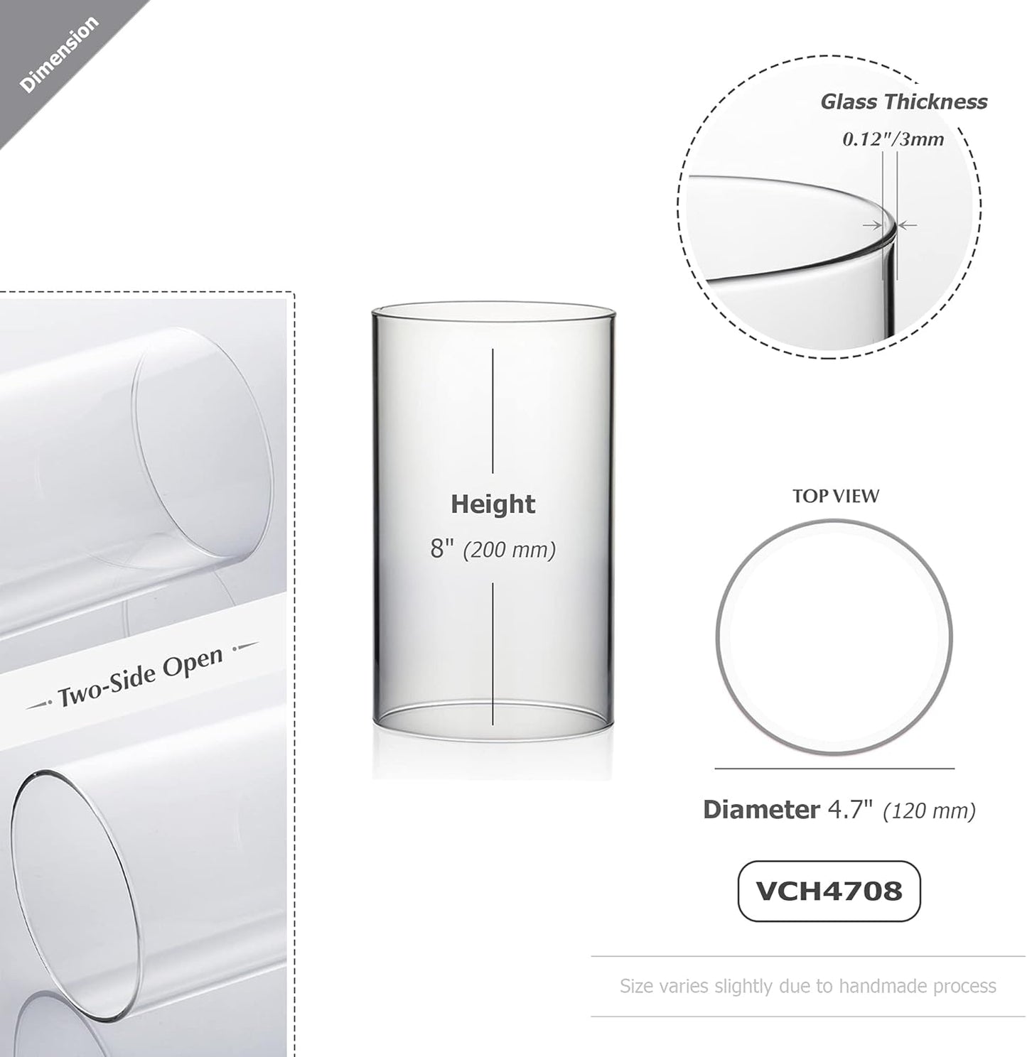 WGVI Hurricane Candle Holder Sleeve, Wide 4", Height 8", Clear Glass Cylinder Candleholder, Chimney Tube, Open Ended Candle Shade, 1 Piece - Colors B