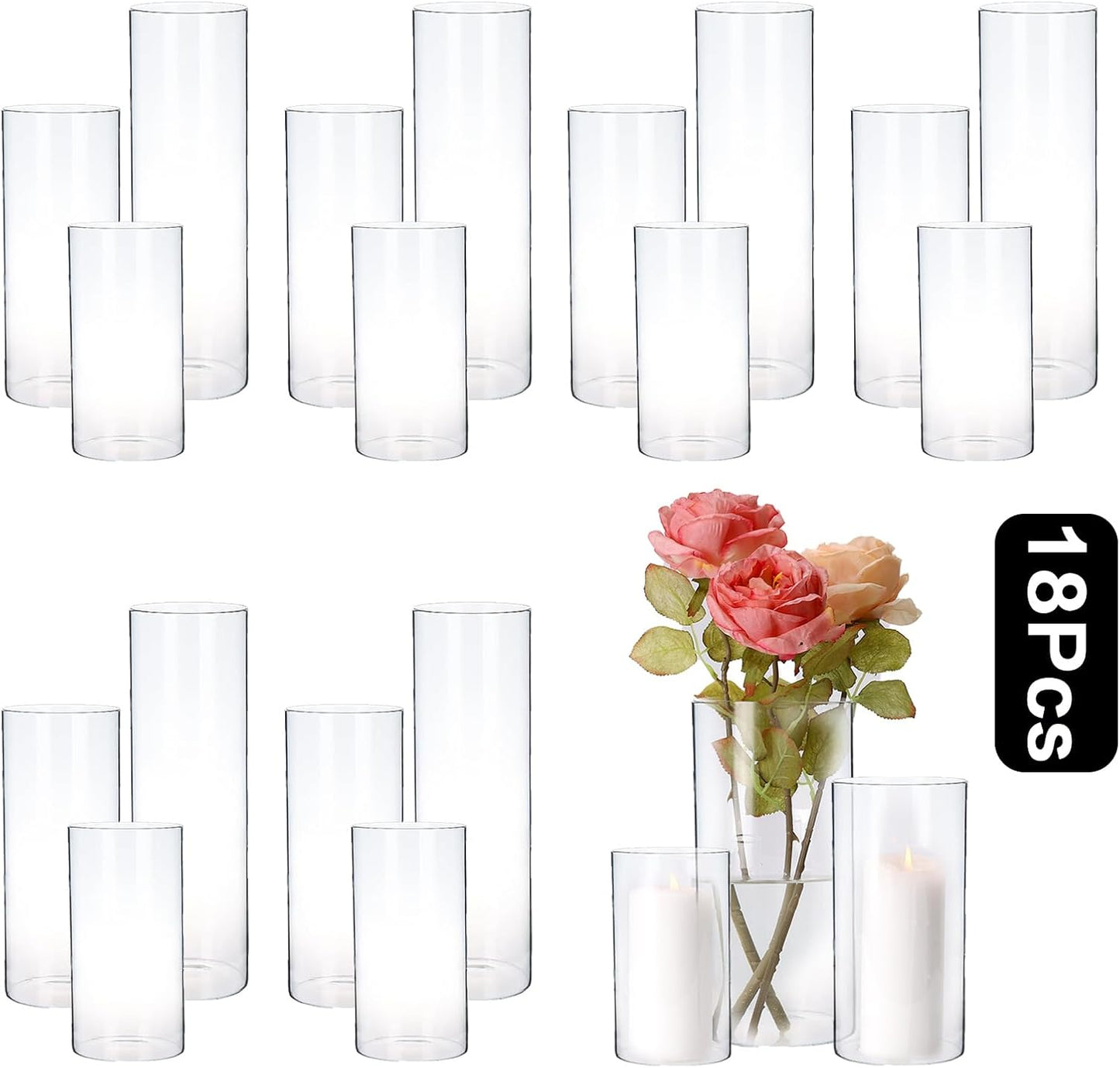 PHOSPHOR Hurricane Candle HoldersFor Pillar Candle Clear Glass Cylinder Centerpieces Vases Table Decoration Centerpiece Floral Room Decor Clear Seeded Bubbles Living Dining Kitchen 3 Pieces
