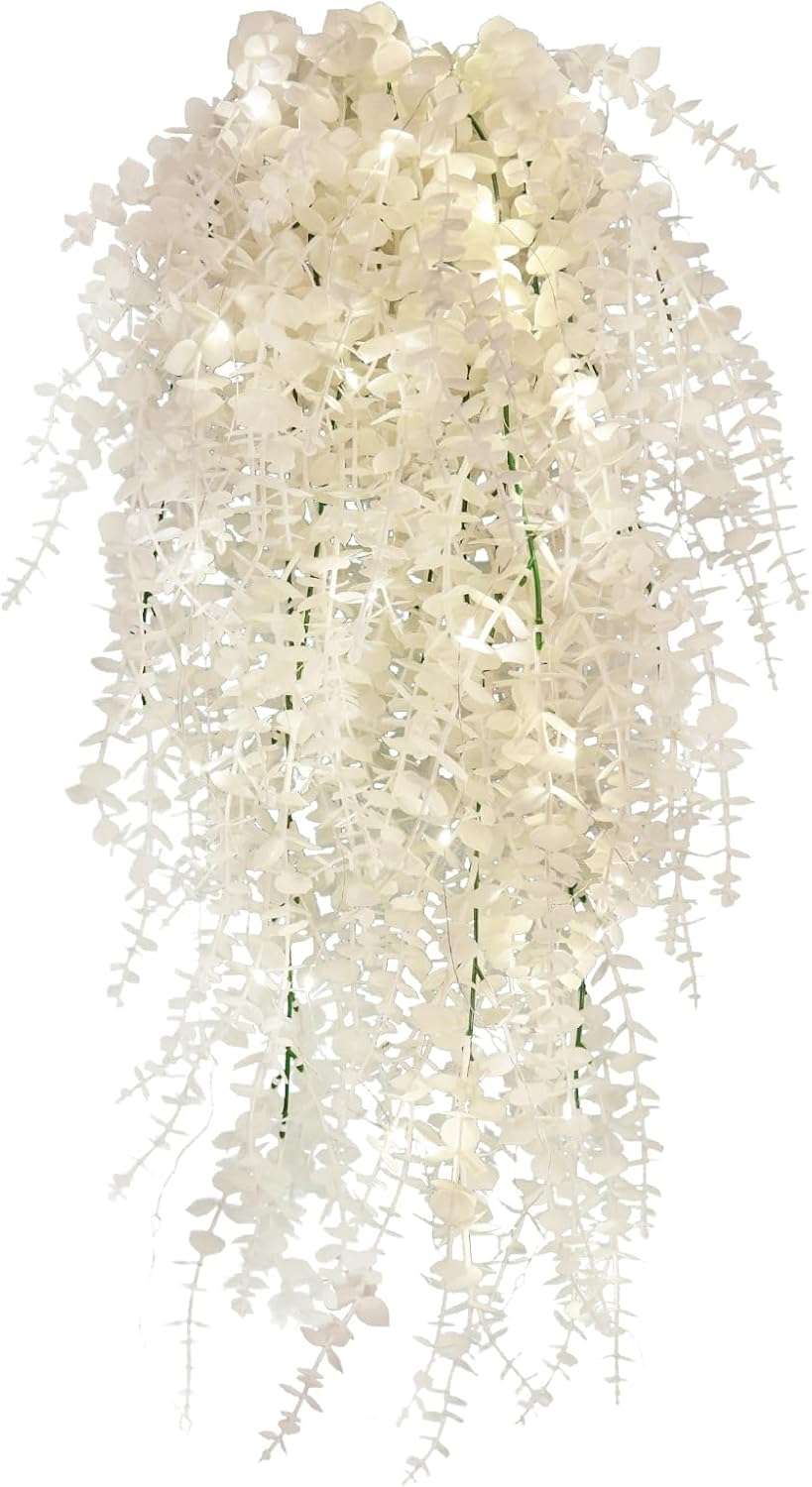 RECUTMS Artificial Hanging Plants Fake Hanging Plant Faux Eucalyptus Leaf Greenery Vine Outdoor UV Resistant Plastic Plants Home Garden Wedding Party Indoor Outdoor Decorations(White)