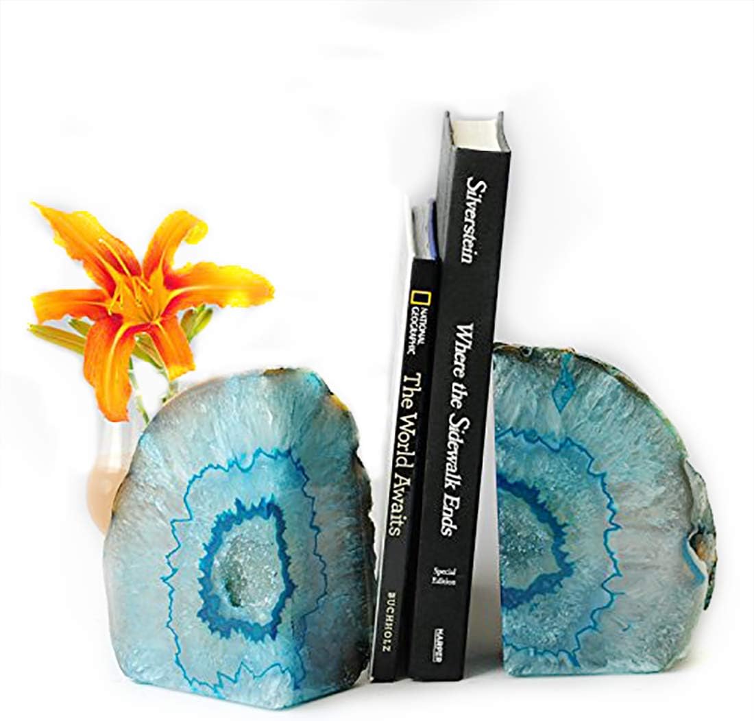 JIC Gem Dyed Blue Agate Bookends Geode Decorative Book Ends for Heavy Books with Rubber Bumpers for Office and Home Decoration Polished Small Size 2 to 3 Lbs