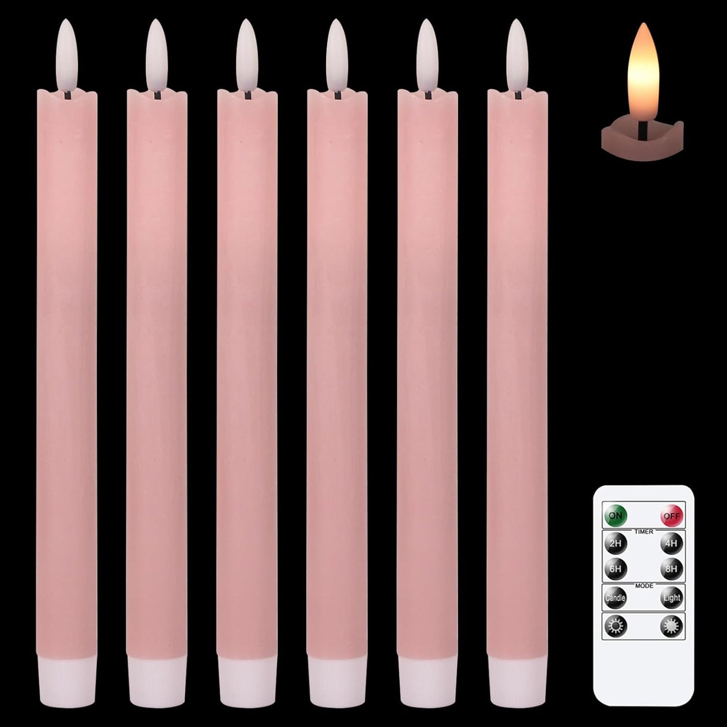 GenSwin Flameless Ivory Taper Candles Flickering with 10-Key Remote, Battery Operated Led Warm 3D Wick Light Window Candles Real Wax Pack of 6, Christmas Home Wedding Decor(0.78 X 9.64 Inch)