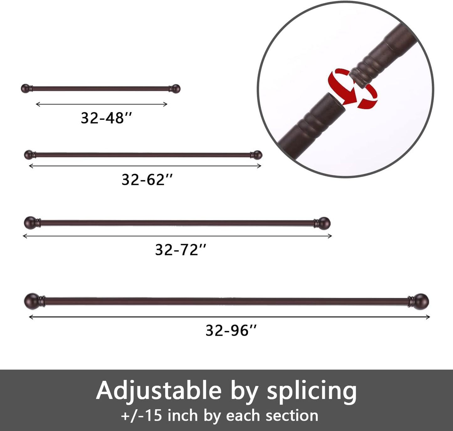 GXOACKJ Curtain Rods for windows 32-48 inch, 5/8 inch Decorative Curtain Rod Set, Matte Black Splicing Heavy Duty Metal Curtain Rod with Brackets