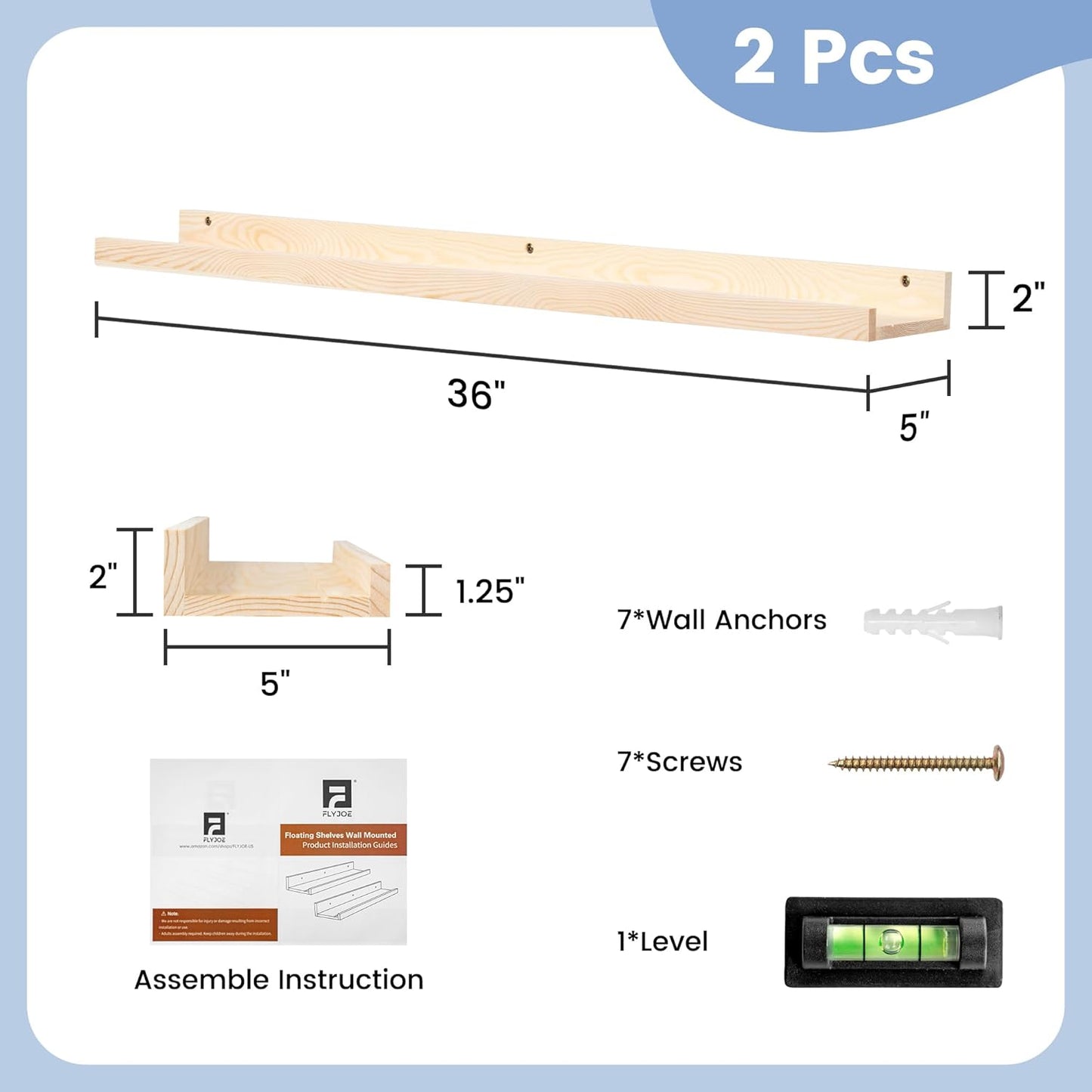 FLYJOE Picture Ledge Shelf, Floating Shelves Set of 2, Solid Pine Wood 55'' Long Large Nursery Book Shelves for Toys Storage, Kids Bookshelf for Living Room Bedroom Decor Books Photo Frames, Walnut