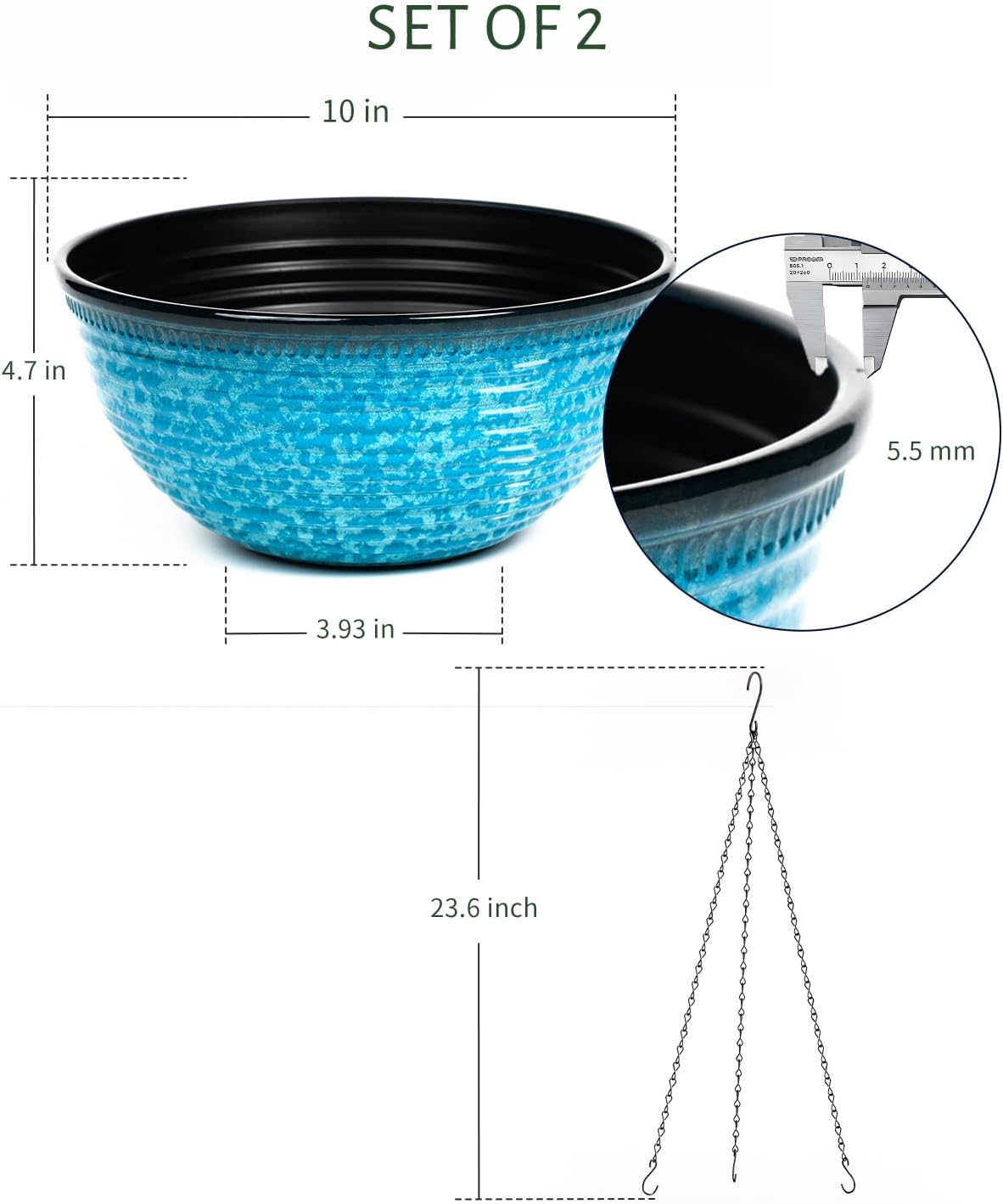 Vanslogreen 2 Pack Hanging Planters for Indoor Outdoor Plants, 10 Inch Hanging Planter with Drainage Hole & Plug Glazed Hanging Baskets Flower Pots for Garden Home (Blue)
