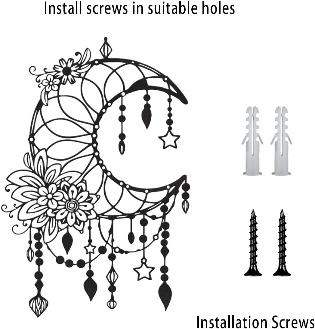 SYDERWE Metal Wall Art, Matte Black Moon Phase Decor, Celestial Bedroom Decor with Floral and Hanging Stars, Indoor & Outdoor