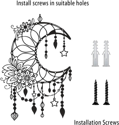 SYDERWE Metal Wall Art, Matte Black Moon Phase Decor, Celestial Bedroom Decor with Floral and Hanging Stars, Indoor & Outdoor