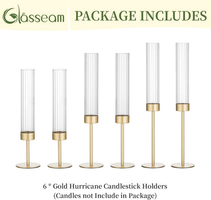 Gold Hurricane Taper Candle Holders: Glasseam 3Pcs Brass Candlestick Holders with Ribbed Glass Cylinder Cover Fluted Tall Candle Sticks Holder Decor for Table Centerpiece Wedding Christmas Decorations