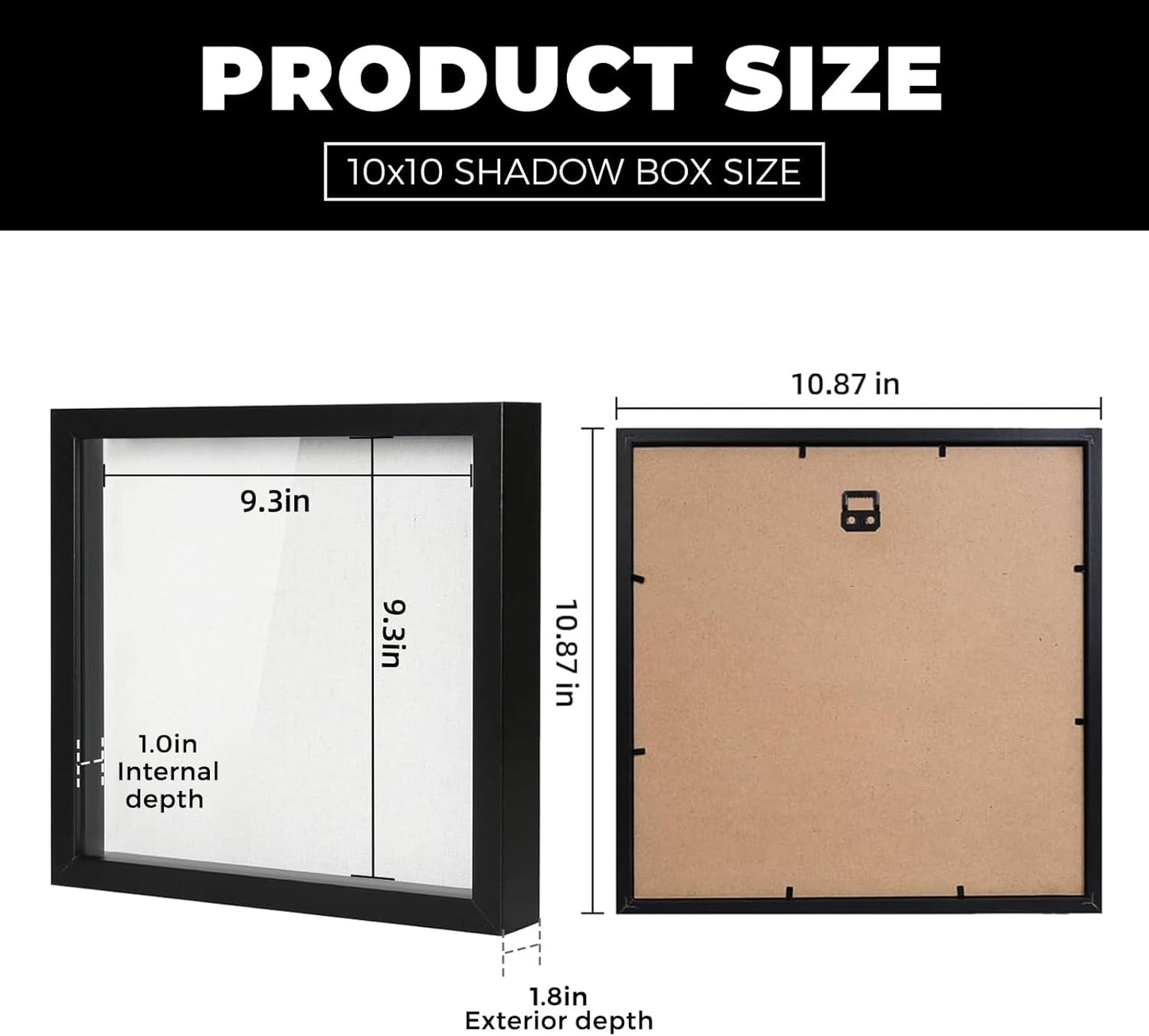 Muzilife 8x8 Shadow Box Picture Frame with Linen Board - Deep Wood & Glass Display Case Ready to Hang Memory Box Baby Sports Memorabilia, Pins, Awards, Medals, Wedding, Tickets and Photos (Black)