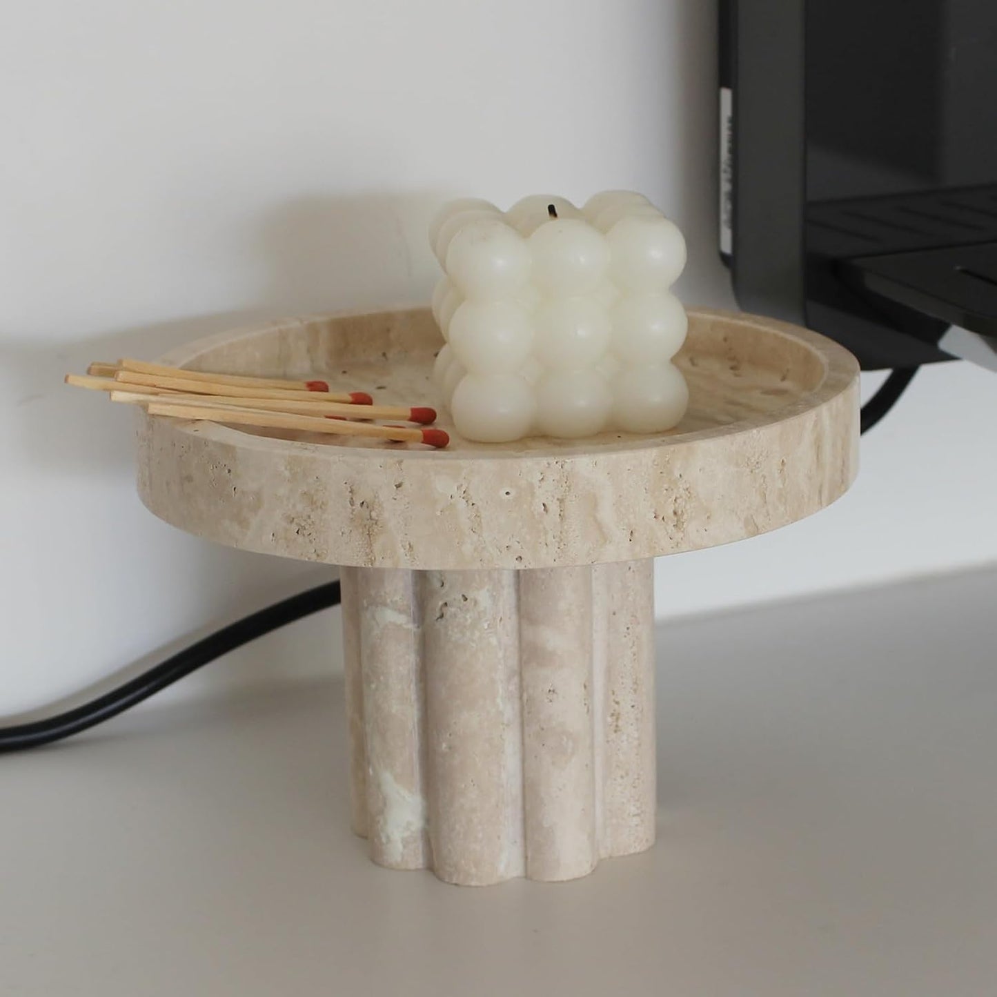 Natural Travertine Tray with Leg, Round 7.1" Vanity Decorative Tray for Countertop Organizer, Catchall Tray for Perfume, Candles, Jewelry Dish