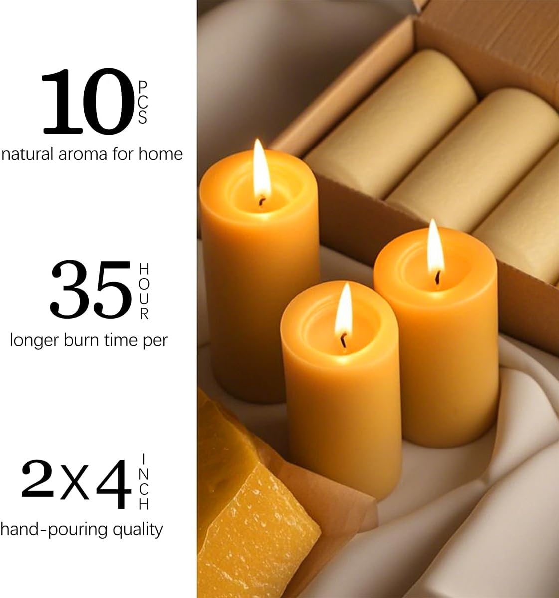 Natural Beeswax Candles 4 Packs, Beeswax Pillar Candles with 140 Hours Burn Time, Organic Emergency Candle Long Burning for Home Room, Smokeless & Dripless, 2x4 inch