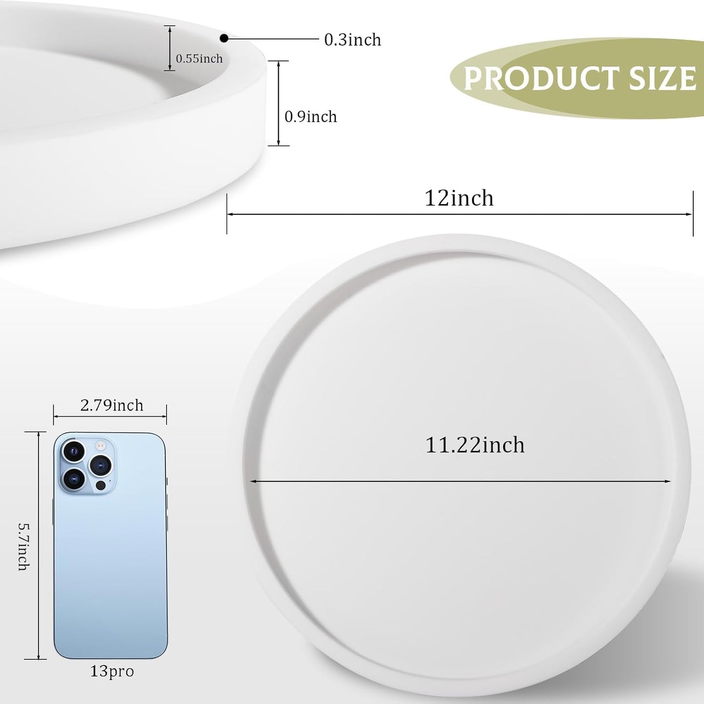Silicone Bathroom Tray Round Vanity Tray Decorative Soap Holder Kitchen Countertop Organizer Coffee Table Decor for Candle, Perfume, Plant, 9 Inch, Black