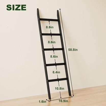 Blanket Ladder Towel Racks For Bathroom 5 Layers Towel Holder 100% Bamboo Wood Sturdy Construction No Need Wall Drilling Quilt Scarf Storage Solution Decorative Leaning Shelf for Living Room (White)
