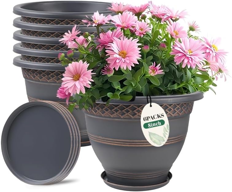 Usocik 10 Inch 4 Pack Plant Pots, Plastic Flower Pot for Indoor & Outdoor with Drainage Holes & Saucer, Plaid Pattern Planters Garden Pots for Herbs