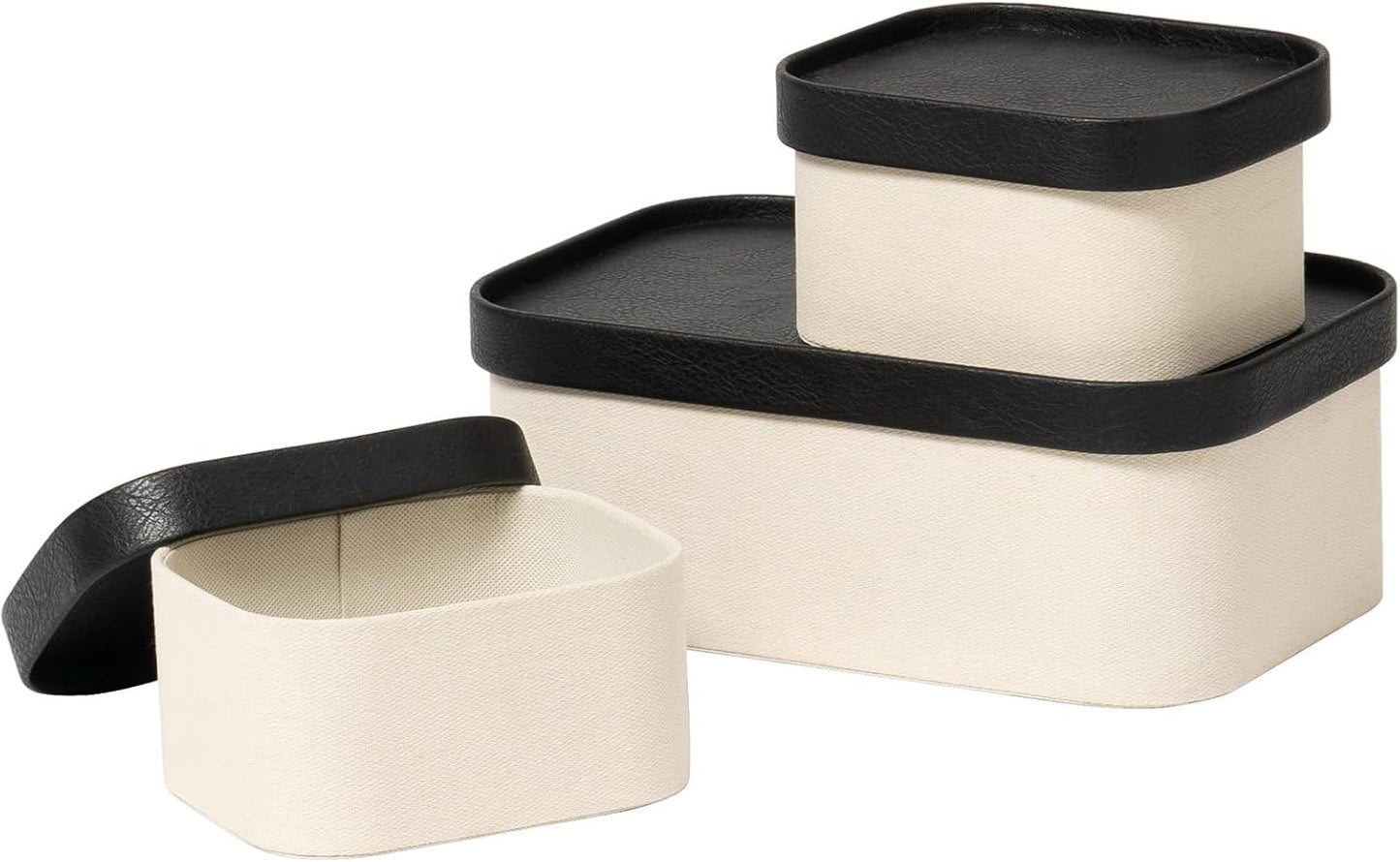 LA JOLIE MUSE Fluted Cardboard Storage Baskets with Leather-Like Lids, Sturdy Stackable Paper Boxes Decorative Tray, Chocolate Brown, Set of 3