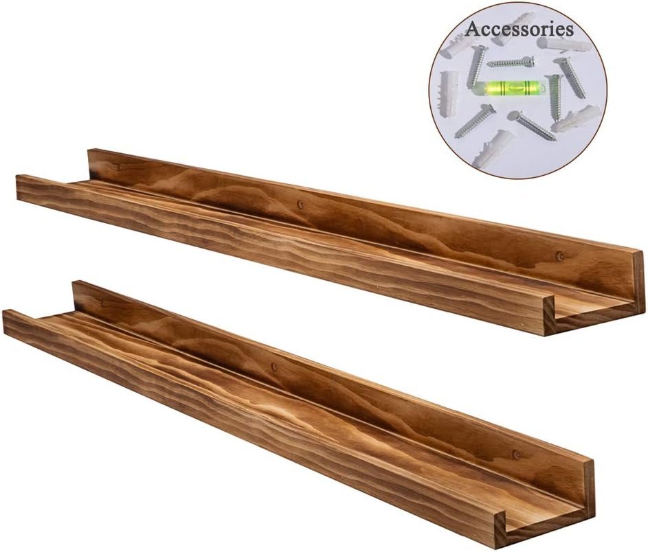 AZSKY Floating Shelves Wall Mounted Set of 2 Natural Wood Picture Shelves Wall Shelves for Bedroom Bathroom Living Room Kitchen Laundry Room Storage & Decoration 24 Inch