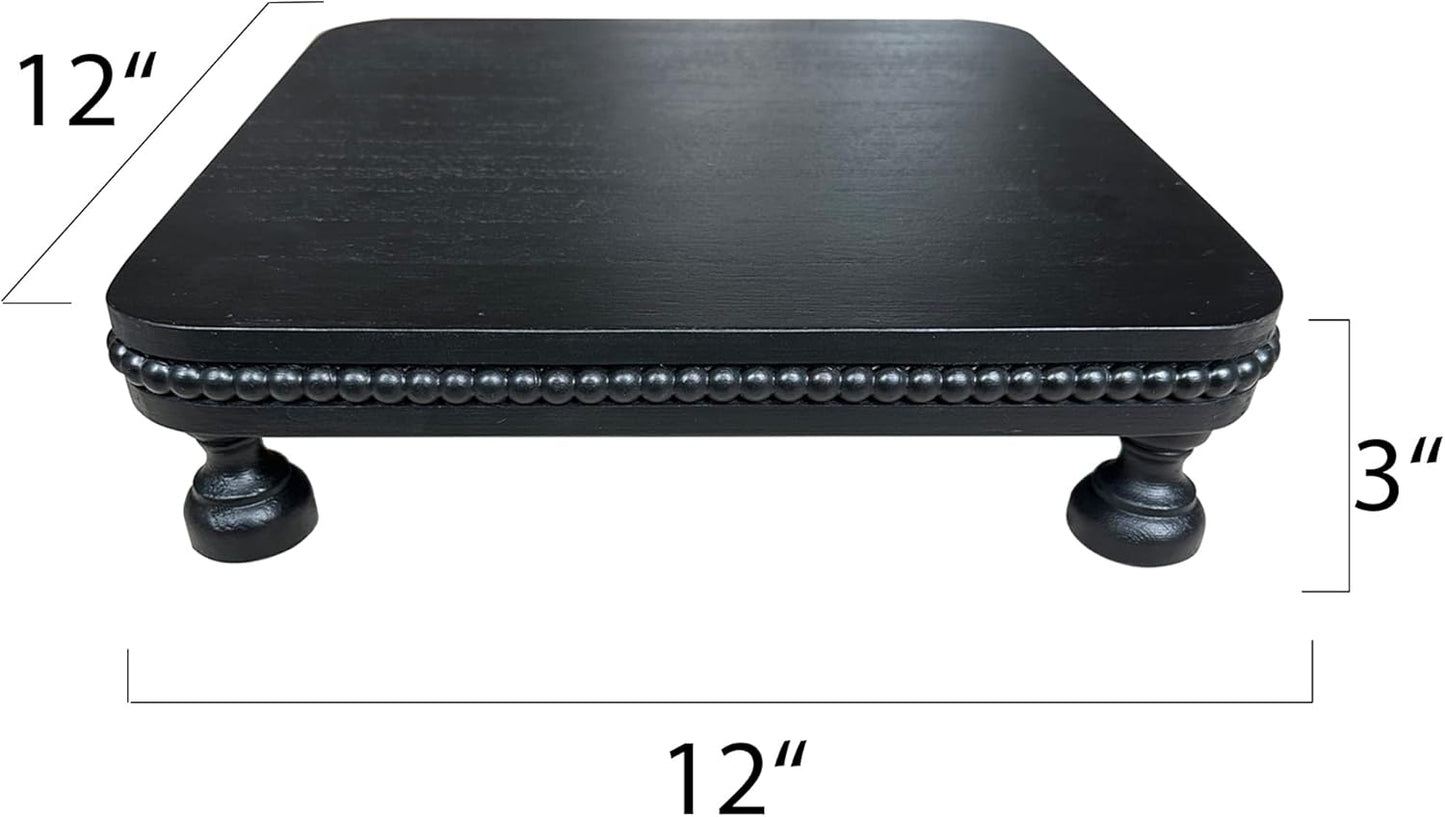 dwellington Farmhouse Display Wood Riser, 12" Decorative Black Beaded Pedestal Stand, Square Tiered Tray Decor for Kitcher Decor, Countertop