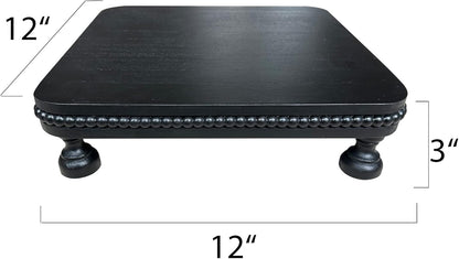 dwellington Farmhouse Display Wood Riser, 12" Decorative Black Beaded Pedestal Stand, Square Tiered Tray Decor for Kitcher Decor, Countertop