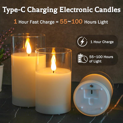 Rechargeable Flameless Glass Pillar Candles–Gifts for Women,–Set of 3, Realistic Flickering LED Light,Remote & Timer, Ideal for Living Room, Bedroom & Festival Wedding Home Party Decor